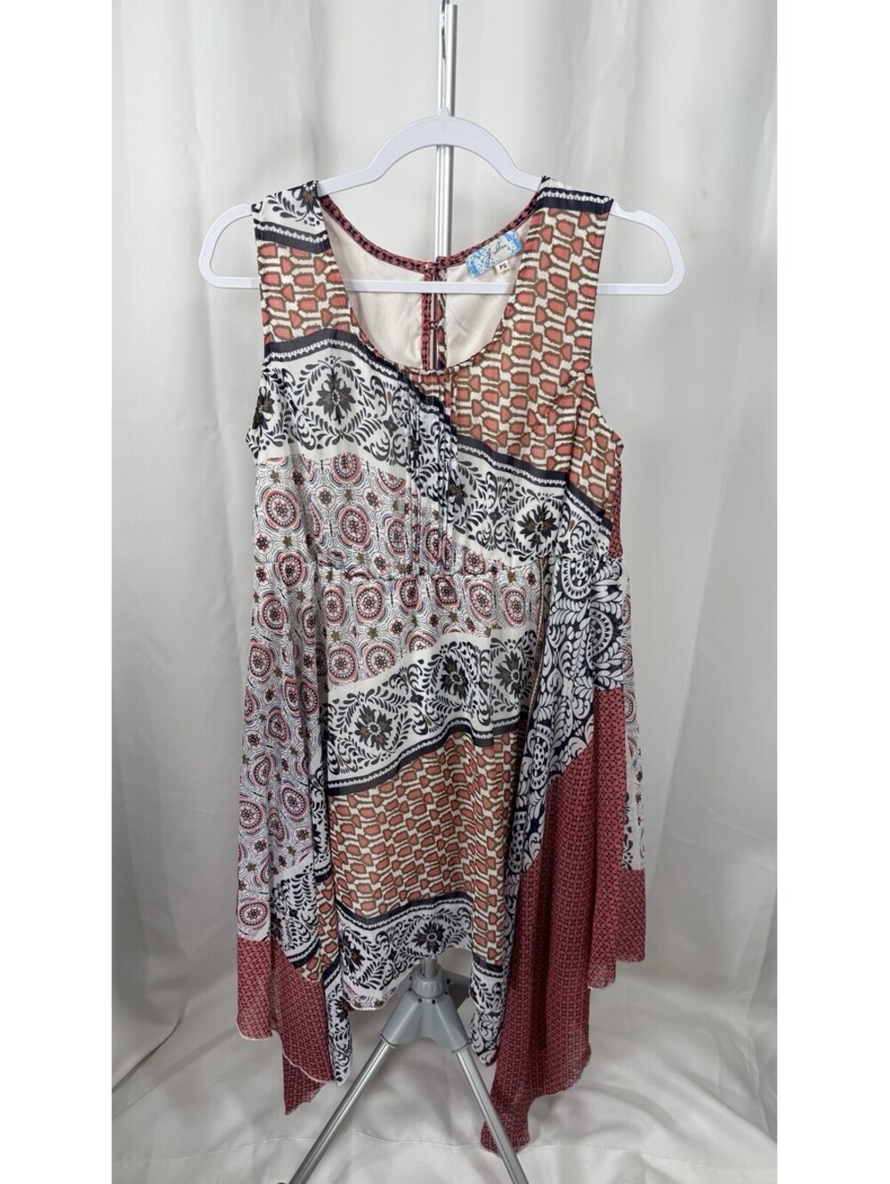 J Gee Boho Patchwork Dress Petite Small Handkerchief Hem Chiffon Festival 1342